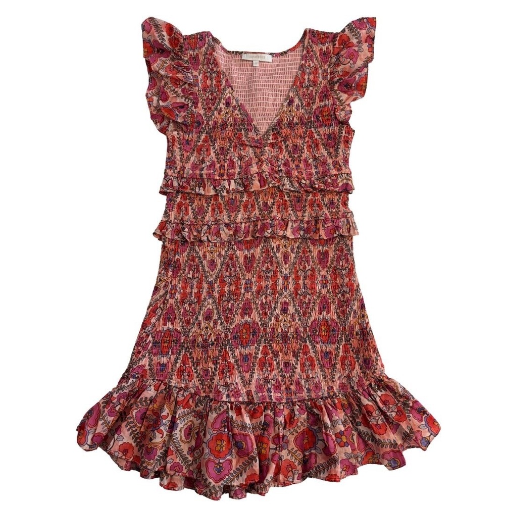Olivaceous Pink V-Neck Ruffle Detail Mini Dress - Size Small